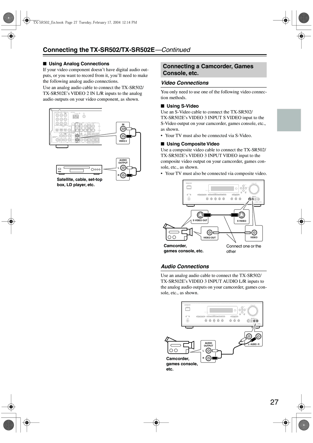 Onkyo TX-SR502 Connecting a Camcorder, Games Console, etc, Games console, etc Other, Camcorder, games console, etc 