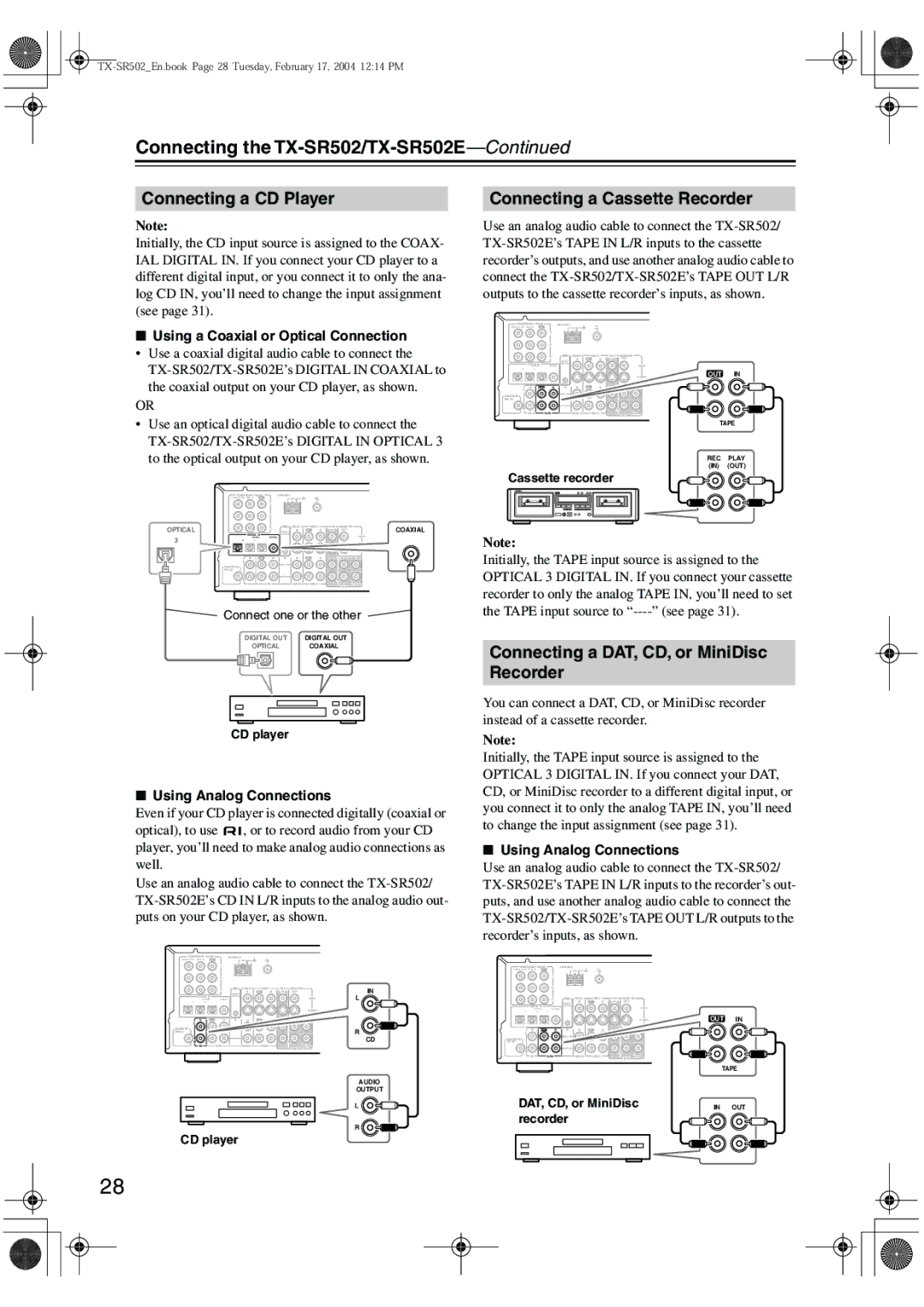 Onkyo TX-SR502E instruction manual Connecting a CD Player Connecting a Cassette Recorder, Cassette recorder, CD player 