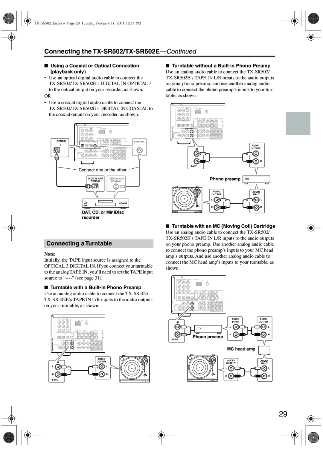 Onkyo TX-SR502E instruction manual Connecting a Turntable, Using a Coaxial or Optical Connection playback only 