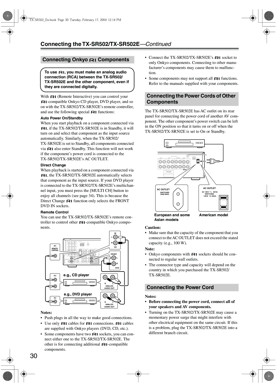 Onkyo TX-SR502E instruction manual Connecting Onkyo Components, Connecting the Power Cords of Other Components 