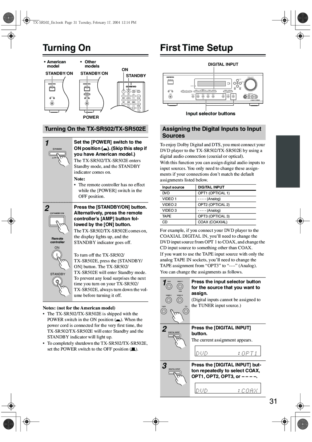 Onkyo TX-SR502E instruction manual Turning On First Time Setup 