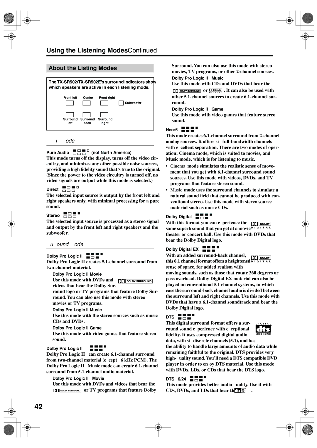 Onkyo TX-SR502E instruction manual About the Listing Modes, Basic Modes, Surround Modes, Dts 