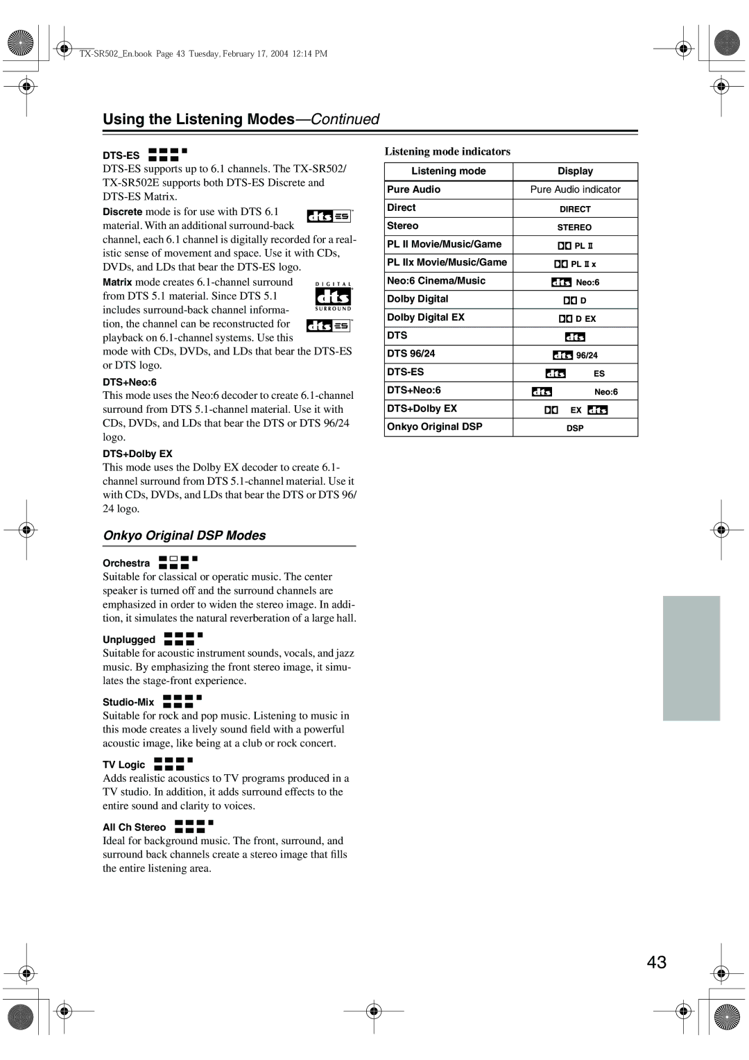 Onkyo TX-SR502E instruction manual Onkyo Original DSP Modes, Listening mode indicators, Dts-Es 