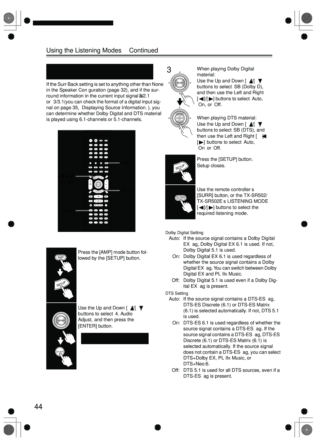 Onkyo TX-SR502E instruction manual Dolby Digital/DTS setting 5.1 or 6.1-channel playback 