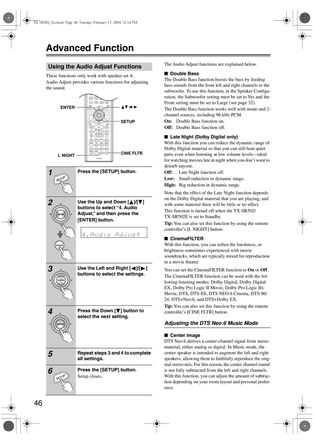 Onkyo TX-SR502E instruction manual Advanced Function, Using the Audio Adjust Functions, Adjusting the DTS Neo6 Music Mode 