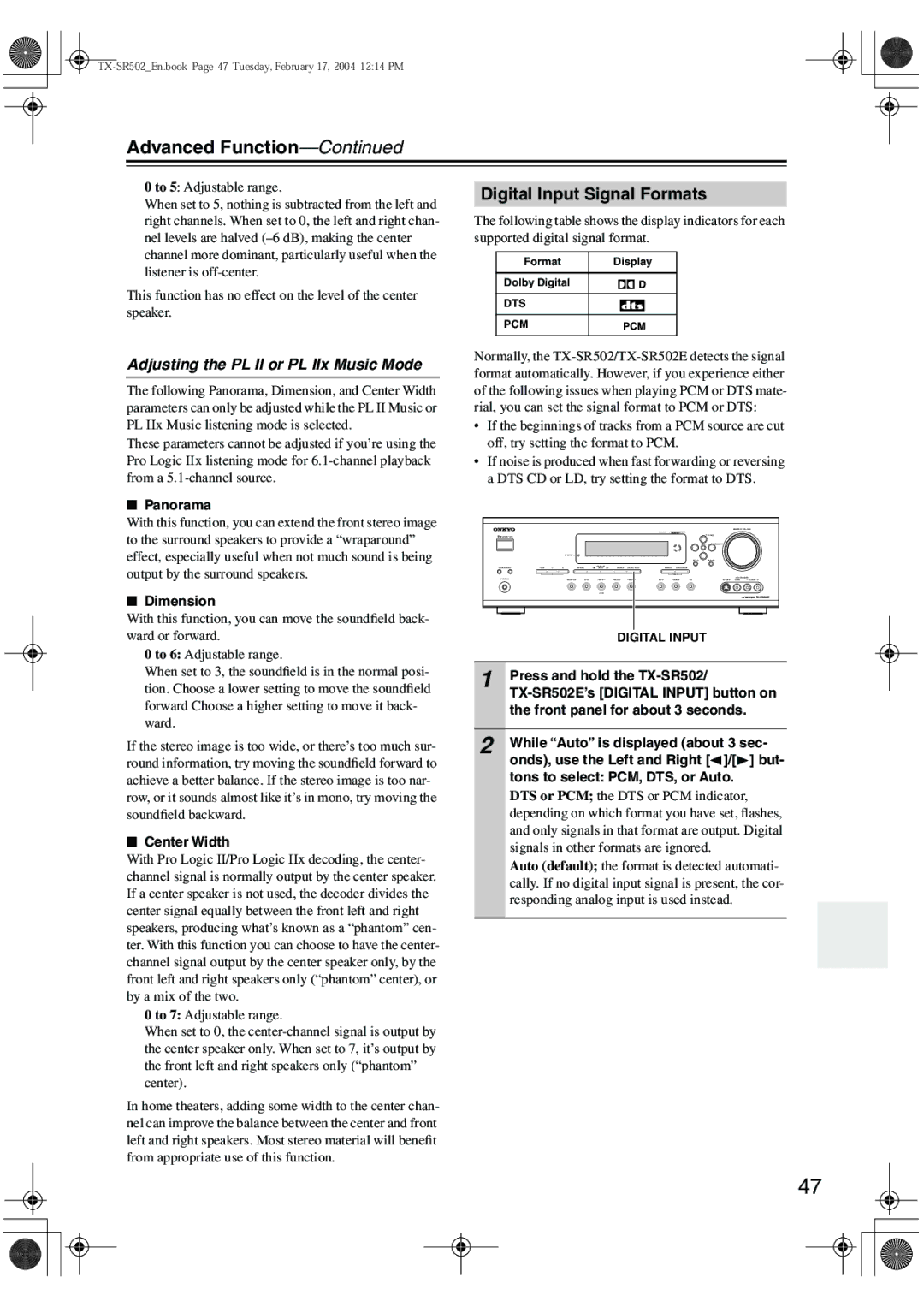 Onkyo TX-SR502E Advanced Function, Digital Input Signal Formats, Adjusting the PL II or PL IIx Music Mode 