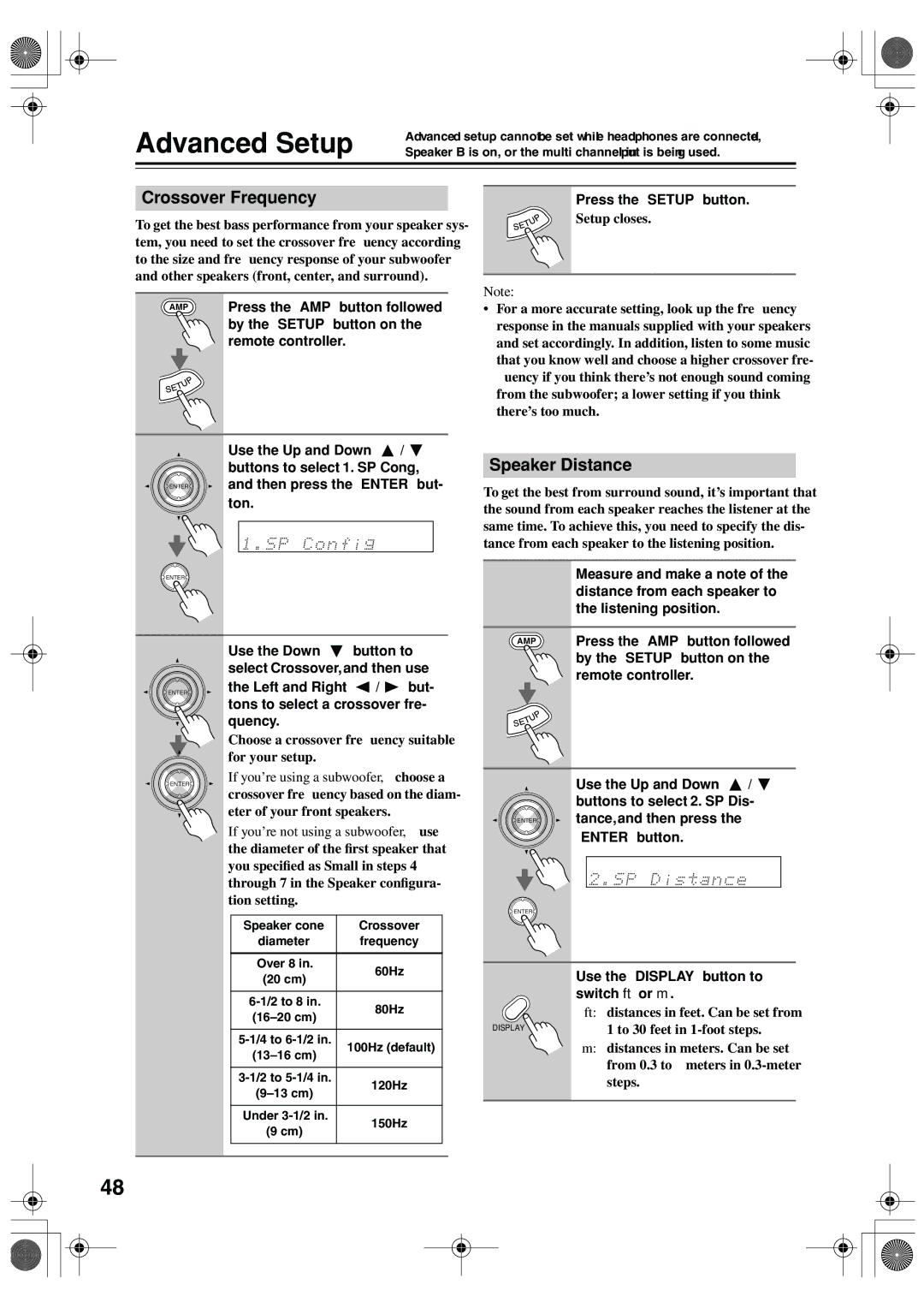 Onkyo TX-SR502E instruction manual Advanced Setup, Crossover Frequency, Speaker Distance 