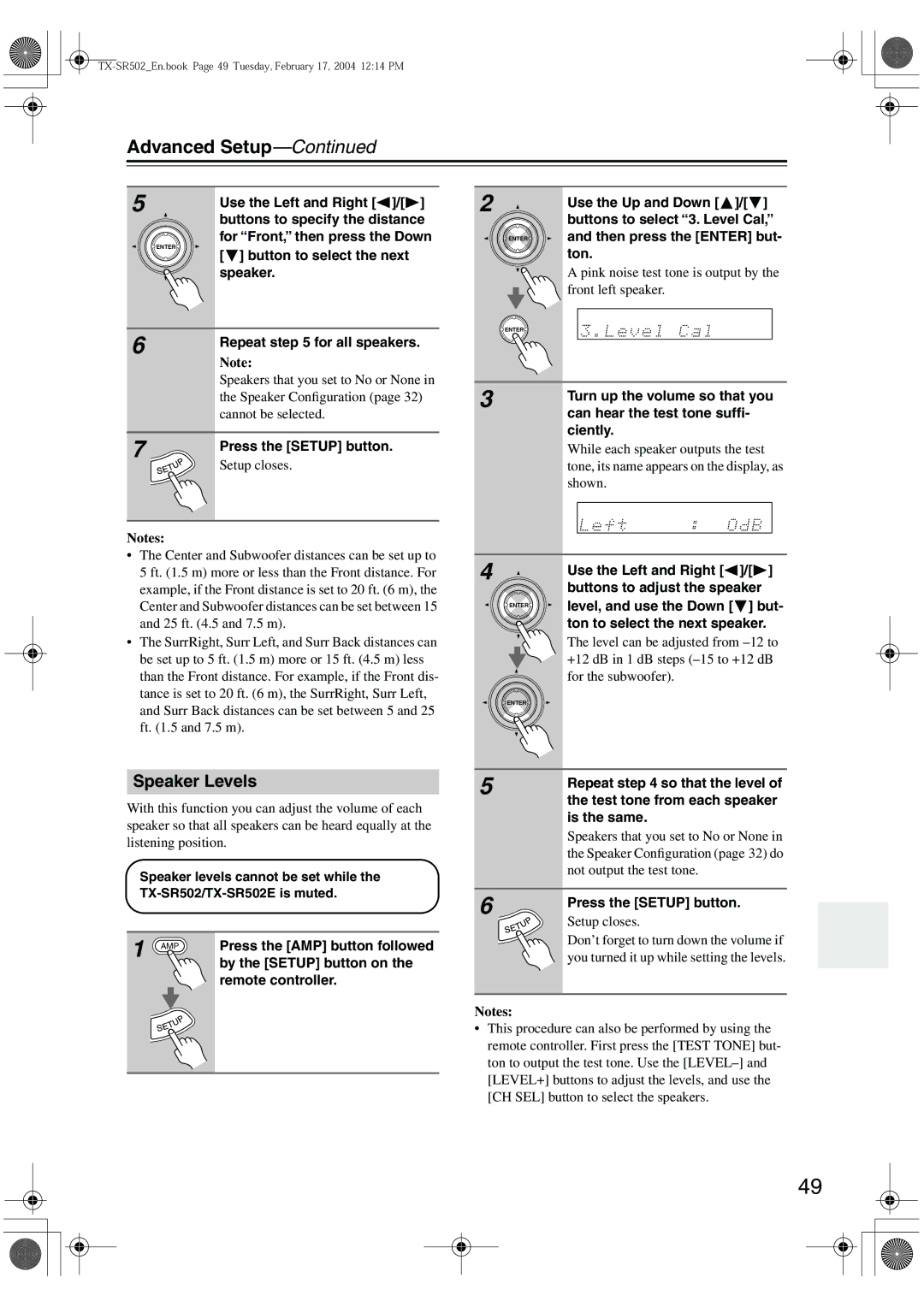 Onkyo TX-SR502E instruction manual Advanced Setup, Speaker Levels 