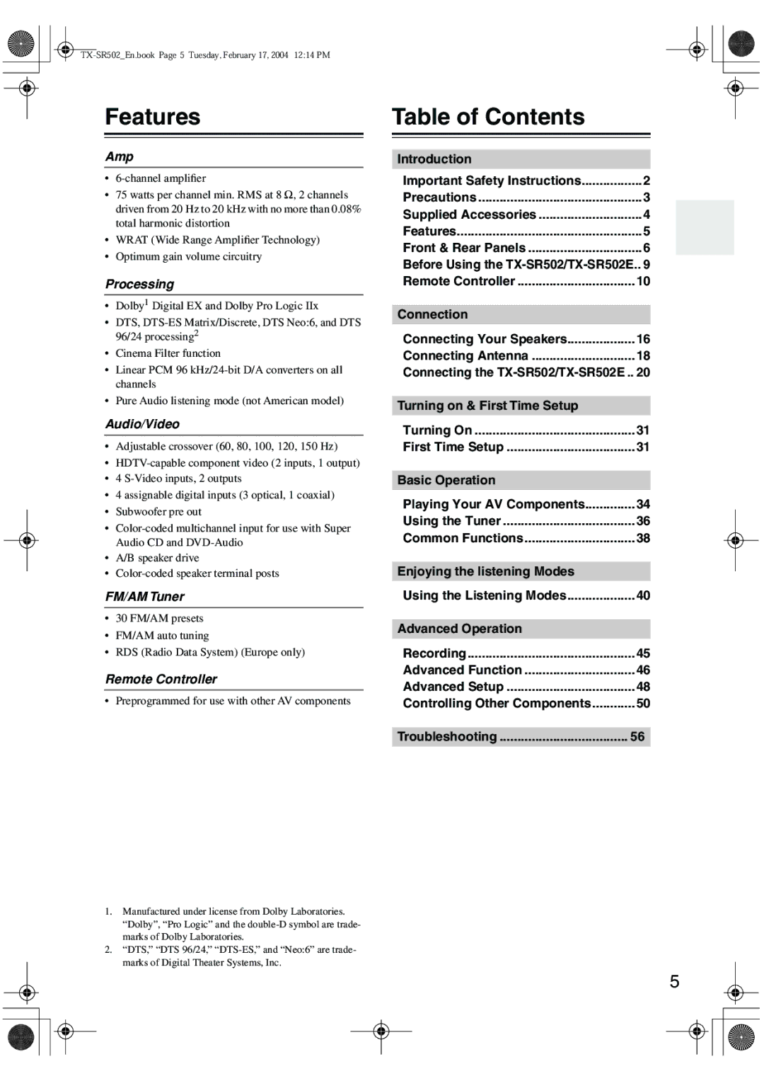 Onkyo TX-SR502E instruction manual Features, Table of Contents 