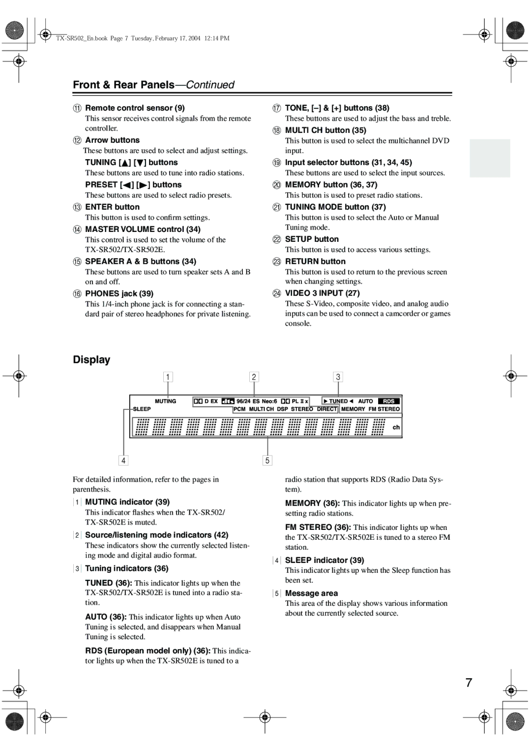 Onkyo TX-SR502E instruction manual Front & Rear Panels, Display, Video 3 Input 