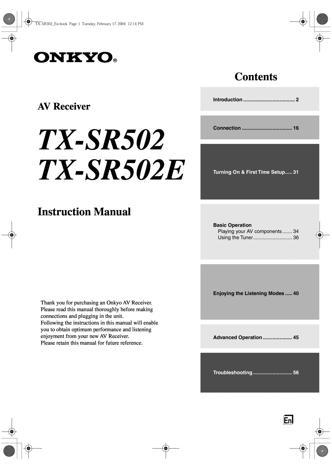 Onkyo instruction manual TX-SR502 TX-SR502E, Contents, AV Receiver 