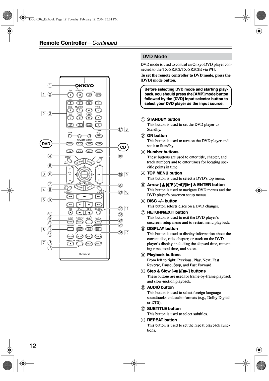 Onkyo TX-SR502E instruction manual DVD Mode, Remote Controller-Continued 