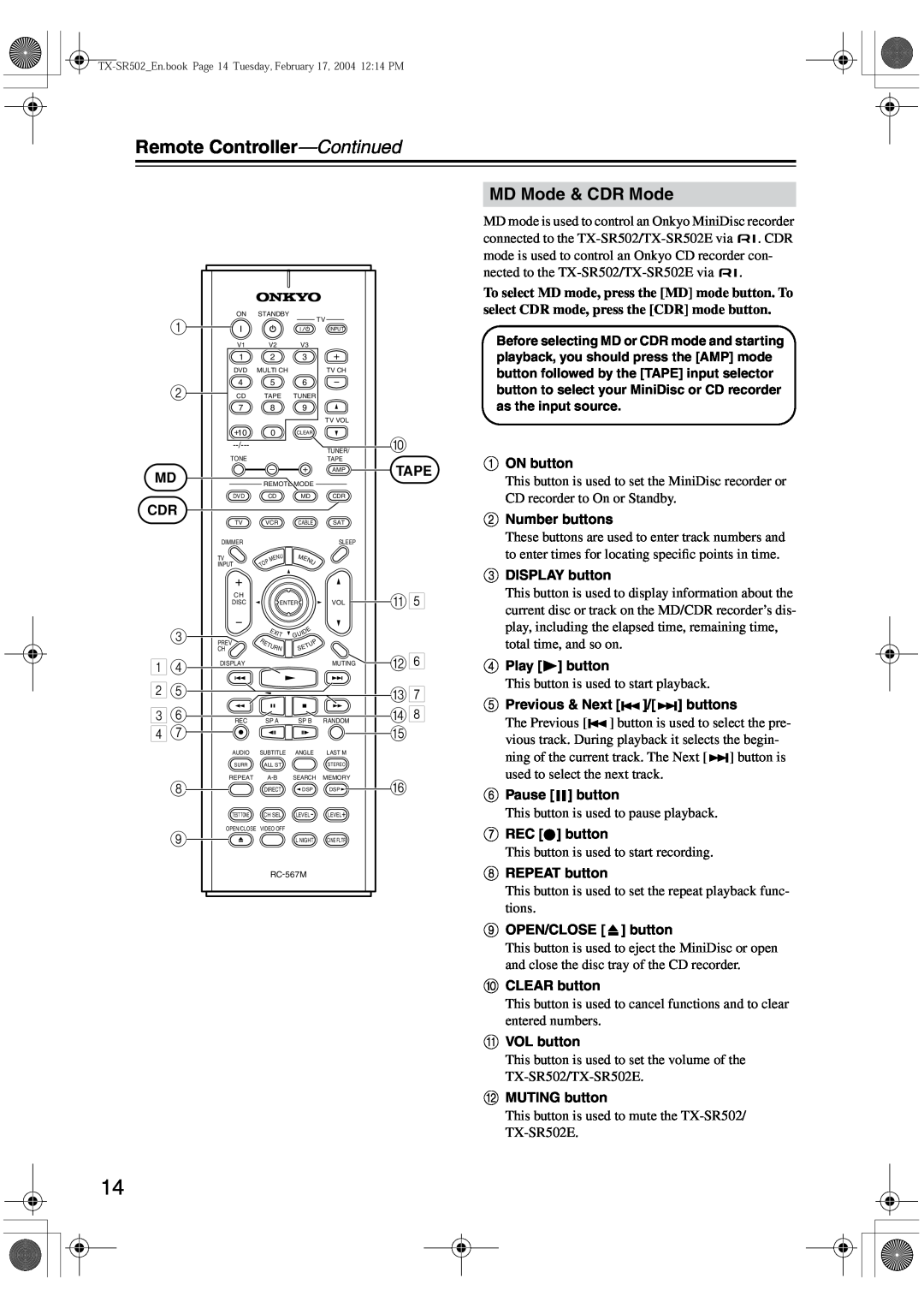 Onkyo TX-SR502E instruction manual MD Mode & CDR Mode, Remote Controller-Continued 