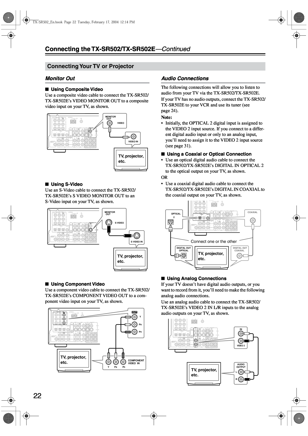 Onkyo TX-SR502E instruction manual Connecting Your TV or Projector, Monitor Out, Audio Connections 