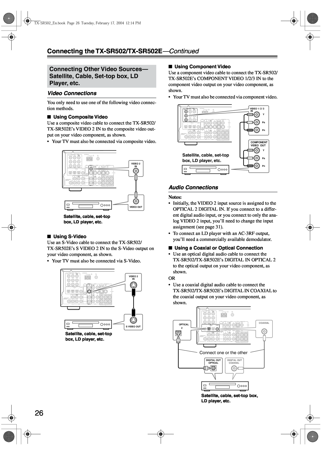 Onkyo instruction manual Connecting the TX-SR502/TX-SR502E-Continued, Video Connections, Audio Connections 