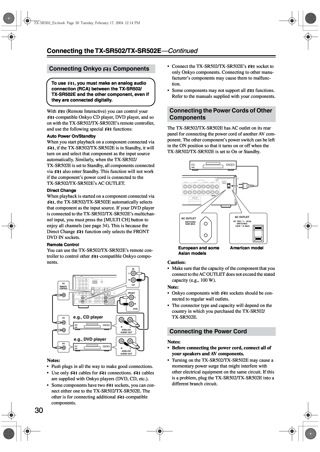 Onkyo TX-SR502E instruction manual Connecting Onkyo Components, Connecting the Power Cords of Other Components 