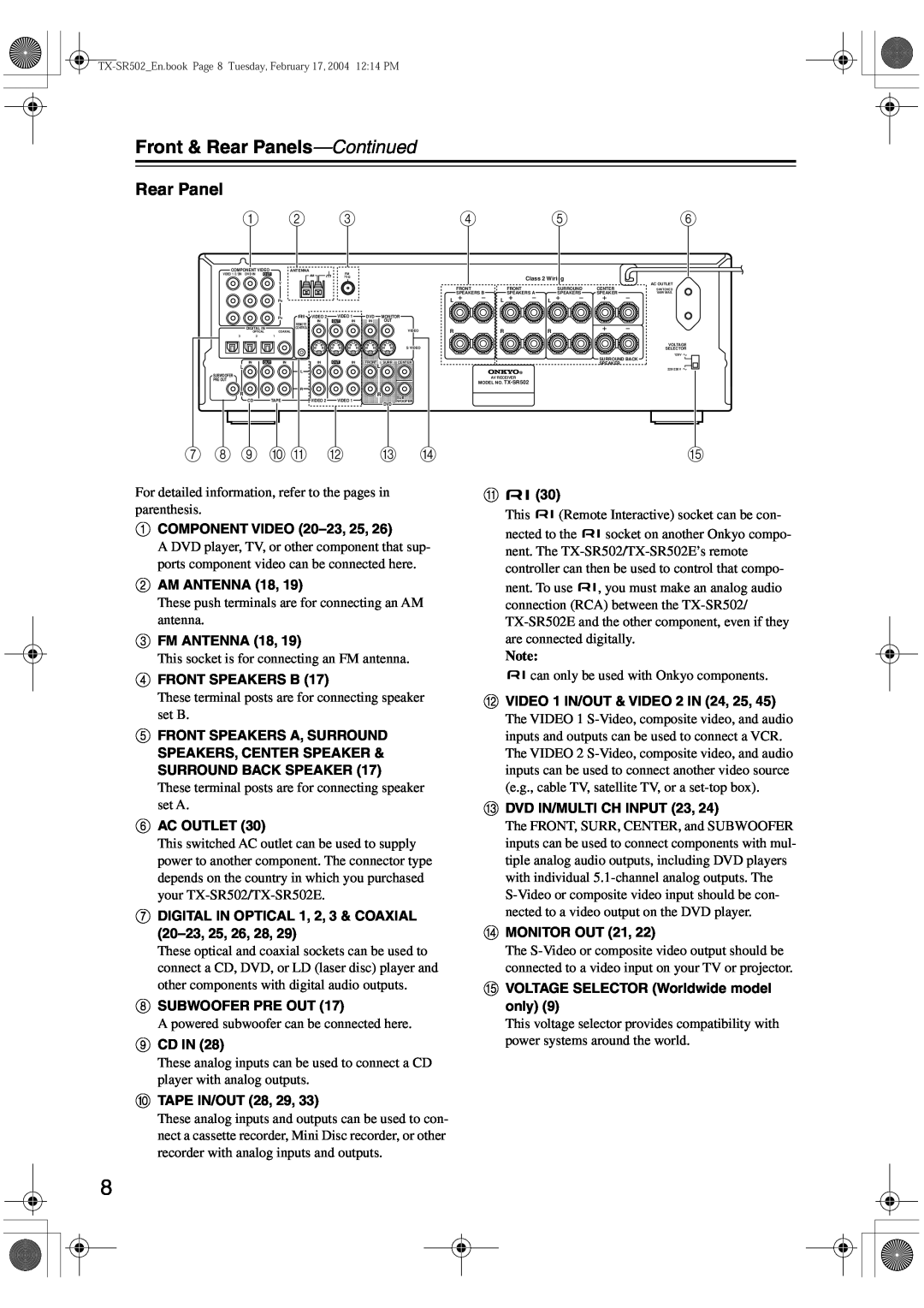 Onkyo TX-SR502E instruction manual Front & Rear Panels-Continued, 7 8 9 J K 
