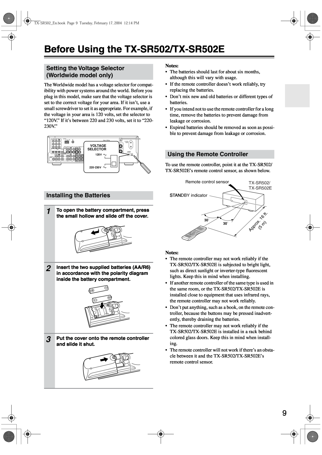 Onkyo instruction manual Before Using the TX-SR502/TX-SR502E, Installing the Batteries, Using the Remote Controller 