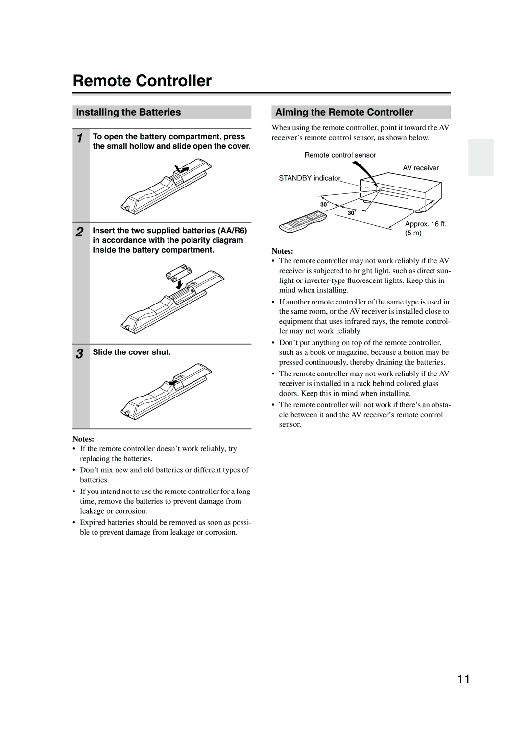 Onkyo TX-SR504/B, TX-SR504E, TX-SR8450 instruction manual Installing the Batteries, Aiming the Remote Controller 