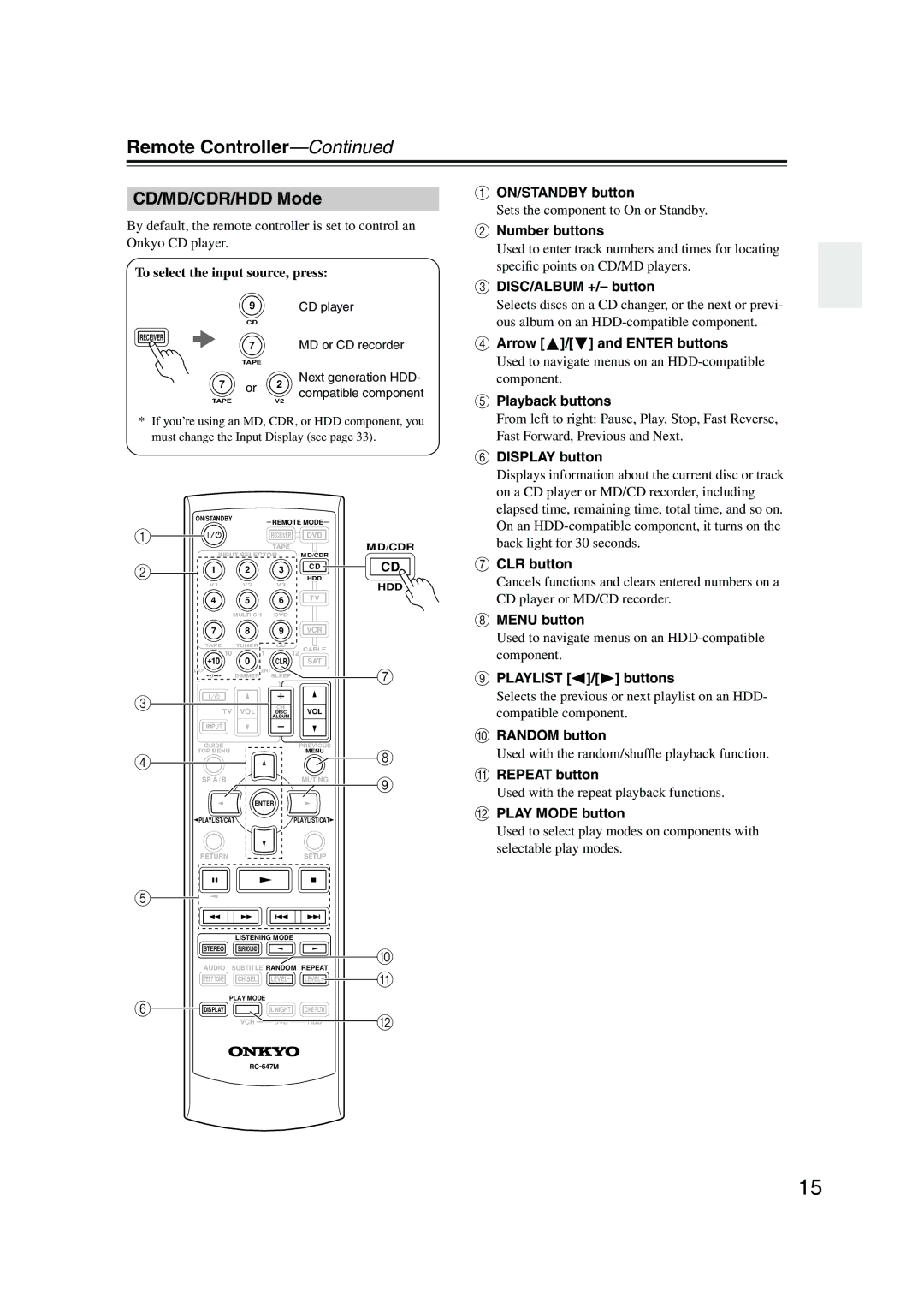 Onkyo TX-SR504E CD/MD/CDR/HDD Mode, To select the input source, press, DISC/ALBUM +/- button, Arrow / and Enter buttons 