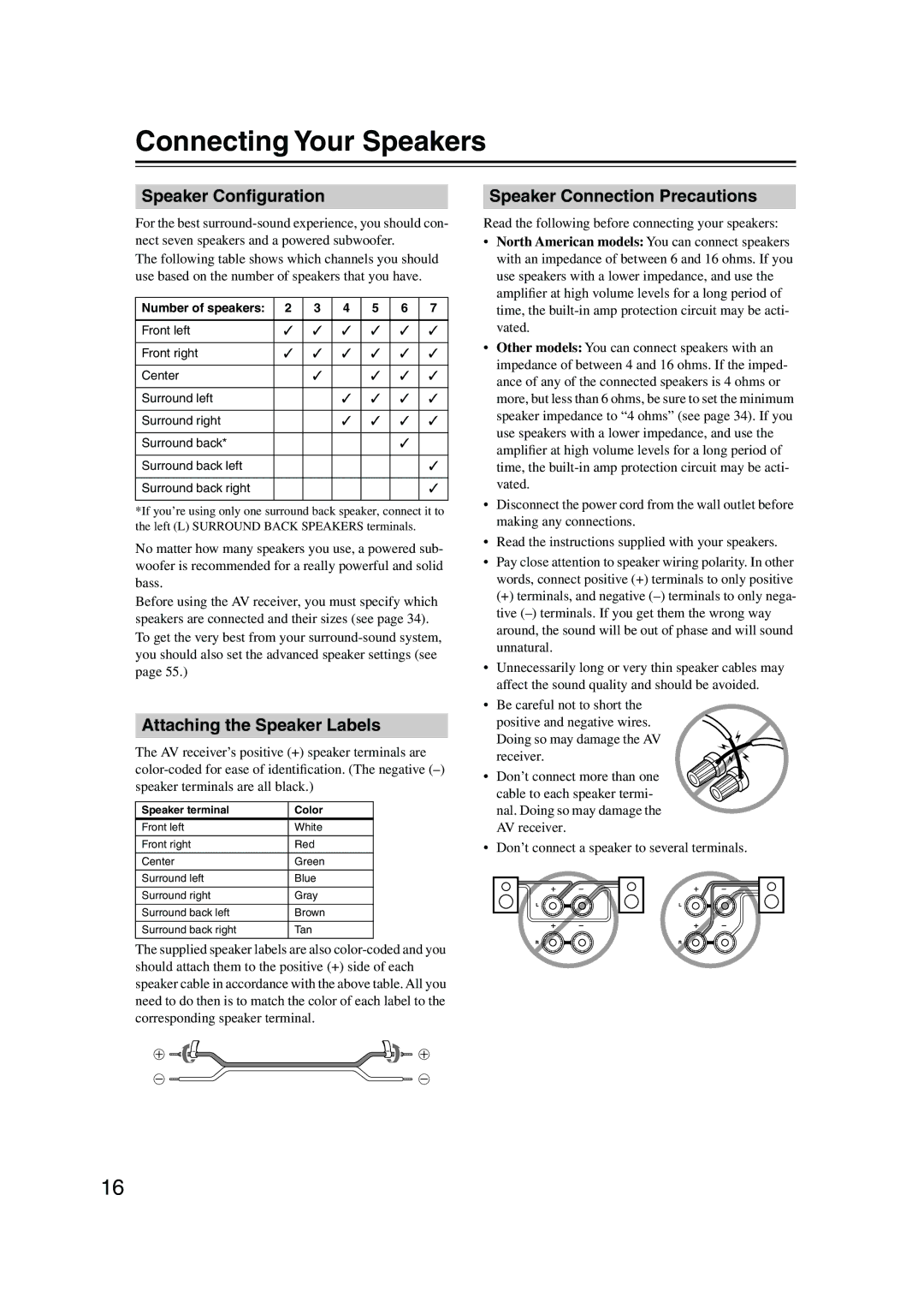 Onkyo TX-SR8450, TX-SR504E, TX-SR504/B Connecting Your Speakers, Speaker Conﬁguration, Attaching the Speaker Labels 