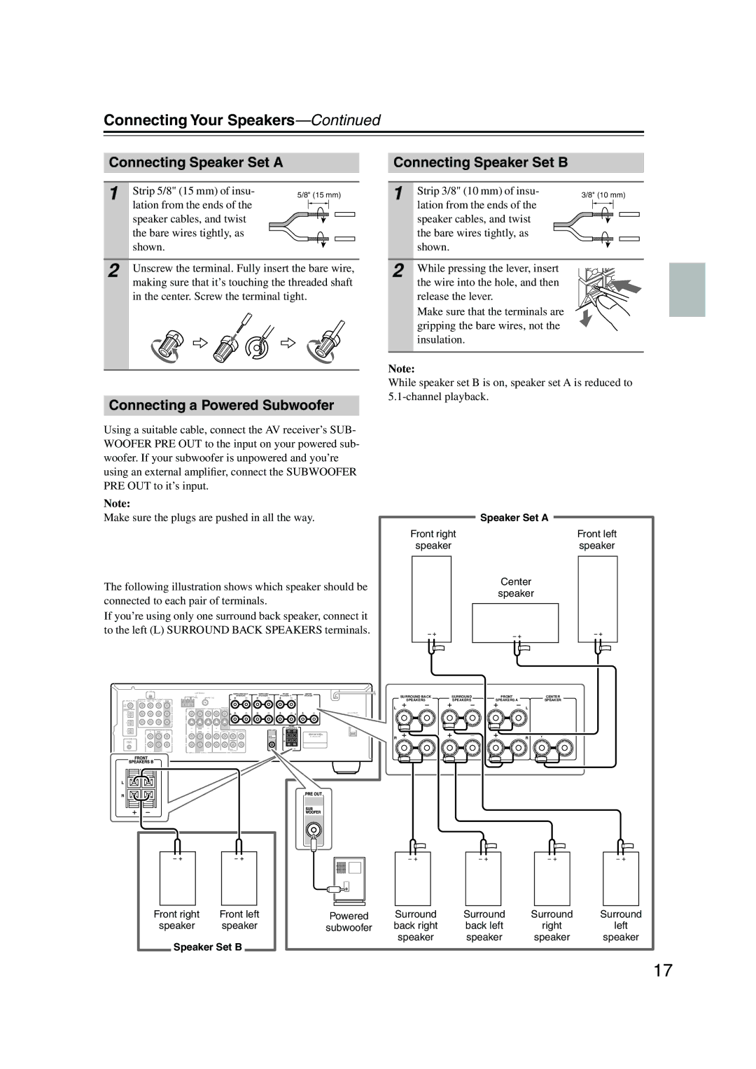 Onkyo TX-SR504/B, TX-SR504E, TX-SR8450 Connecting Your Speakers, Connecting Speaker Set a, Connecting a Powered Subwoofer 