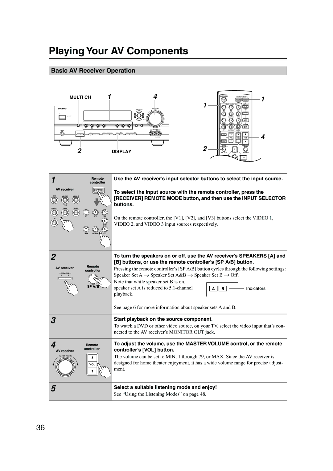 Onkyo TX-SR504E, TX-SR8450 Playing Your AV Components, Basic AV Receiver Operation, Start playback on the source component 