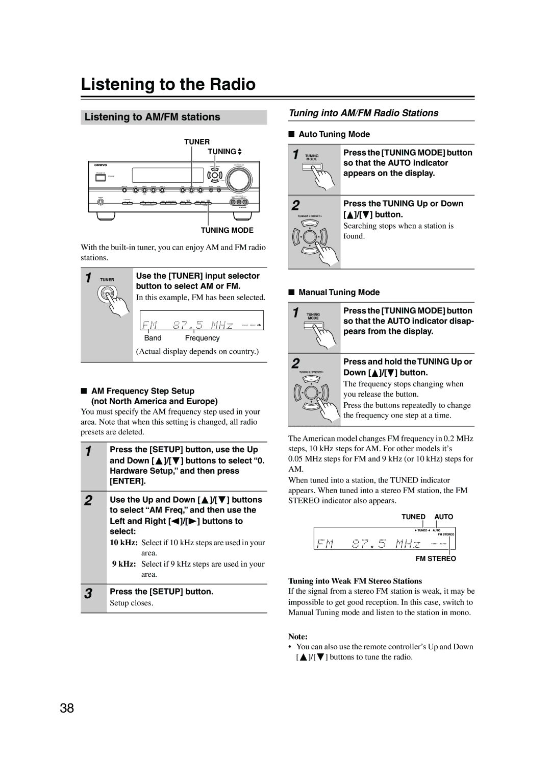Onkyo TX-SR504/B, TX-SR504E Listening to the Radio, Listening to AM/FM stations, Tuning into AM/FM Radio Stations 