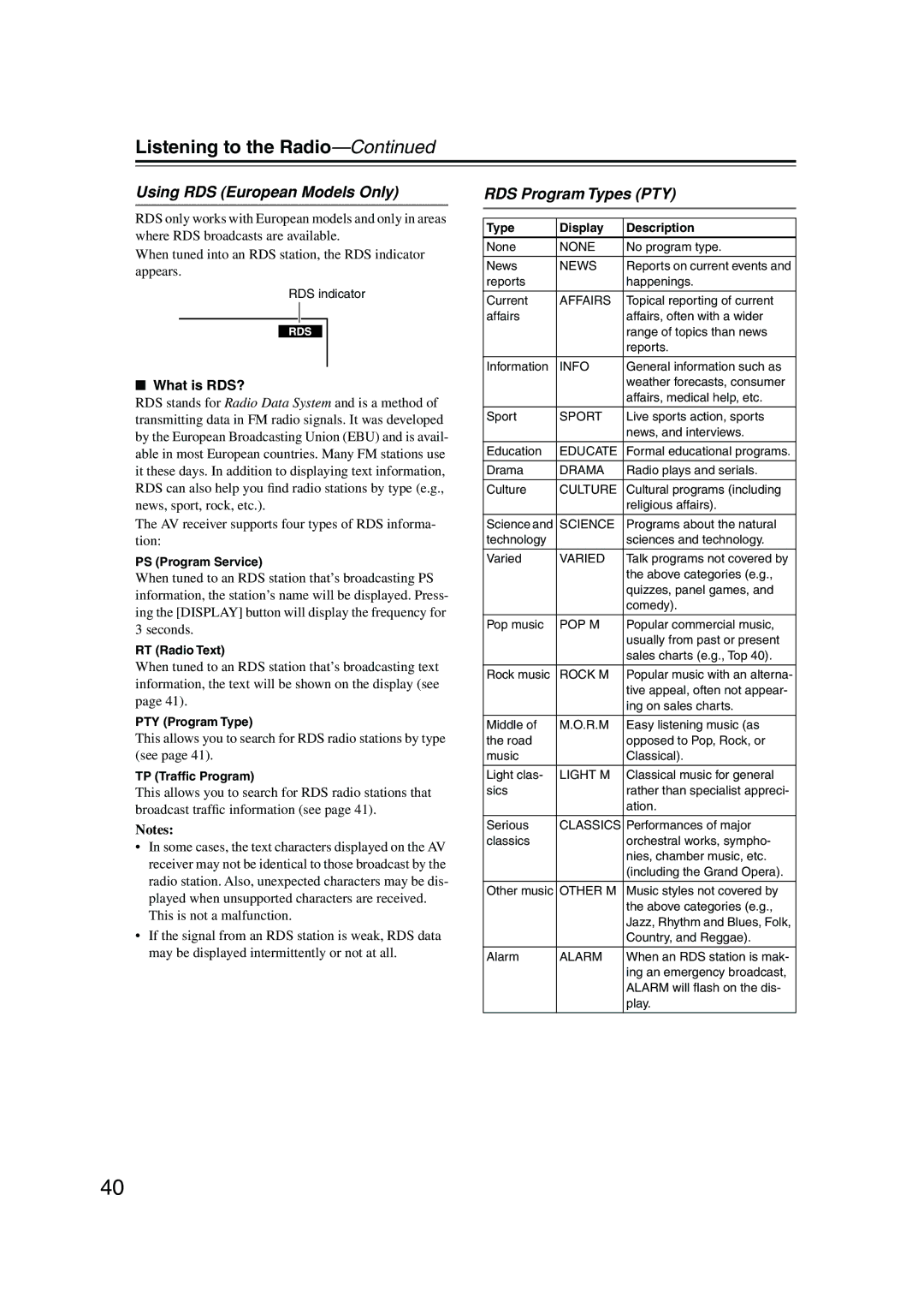 Onkyo TX-SR8450, TX-SR504E, TX-SR504/B instruction manual Using RDS European Models Only, RDS Program Types PTY, What is RDS? 