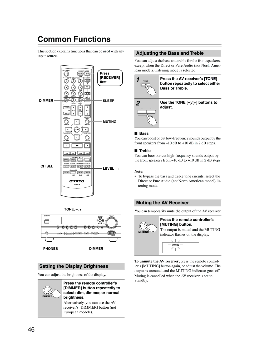 Onkyo TX-SR8450 Common Functions, Adjusting the Bass and Treble, Muting the AV Receiver, Setting the Display Brightness 