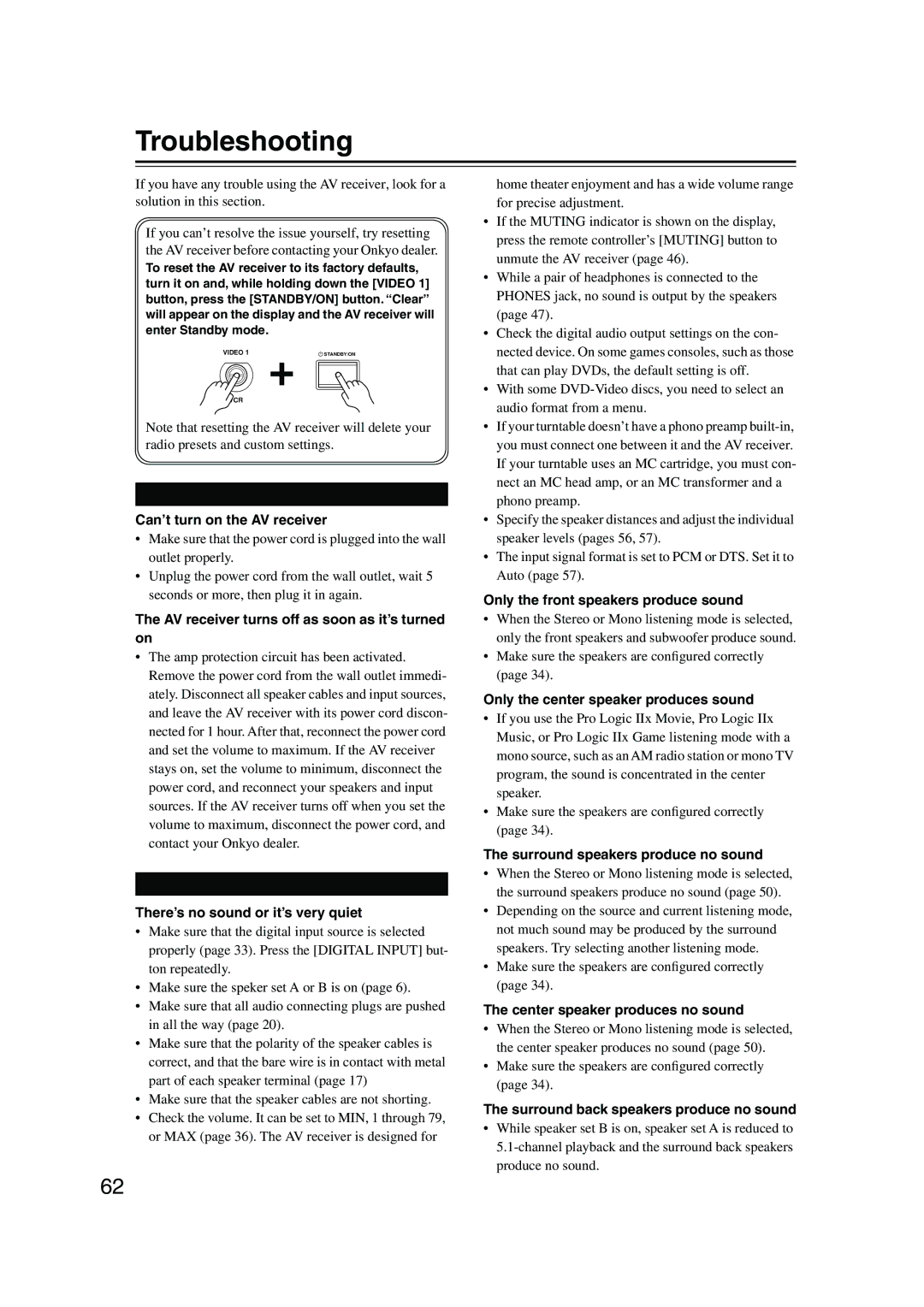 Onkyo TX-SR504/B, TX-SR504E, TX-SR8450 instruction manual Troubleshooting, Power, Audio 