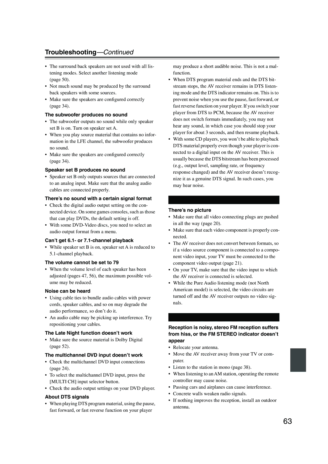 Onkyo TX-SR504E, TX-SR8450, TX-SR504/B instruction manual Troubleshooting, Video, Tuner 