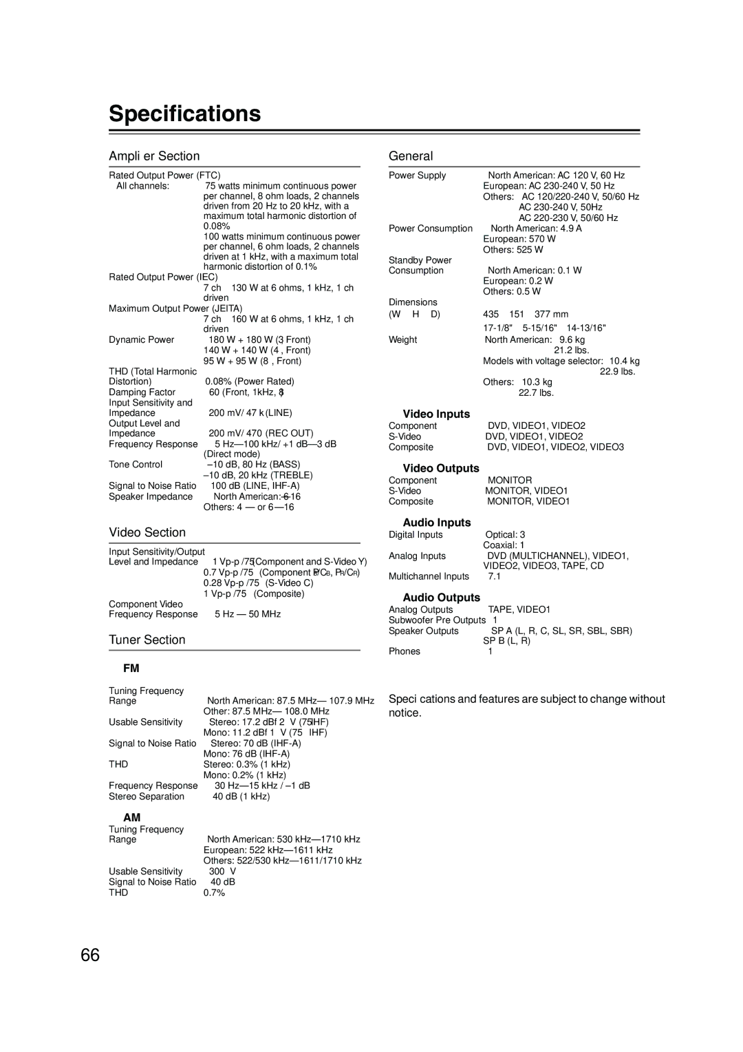 Onkyo TX-SR504E, TX-SR8450, TX-SR504/B Speciﬁcations, Ampliﬁer Section, Video Section, Tuner Section, General 