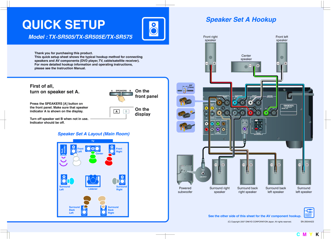 Onkyo TX-SR575, TX-SR505E instruction manual Quick Setup, First of all Turn on speaker set a 