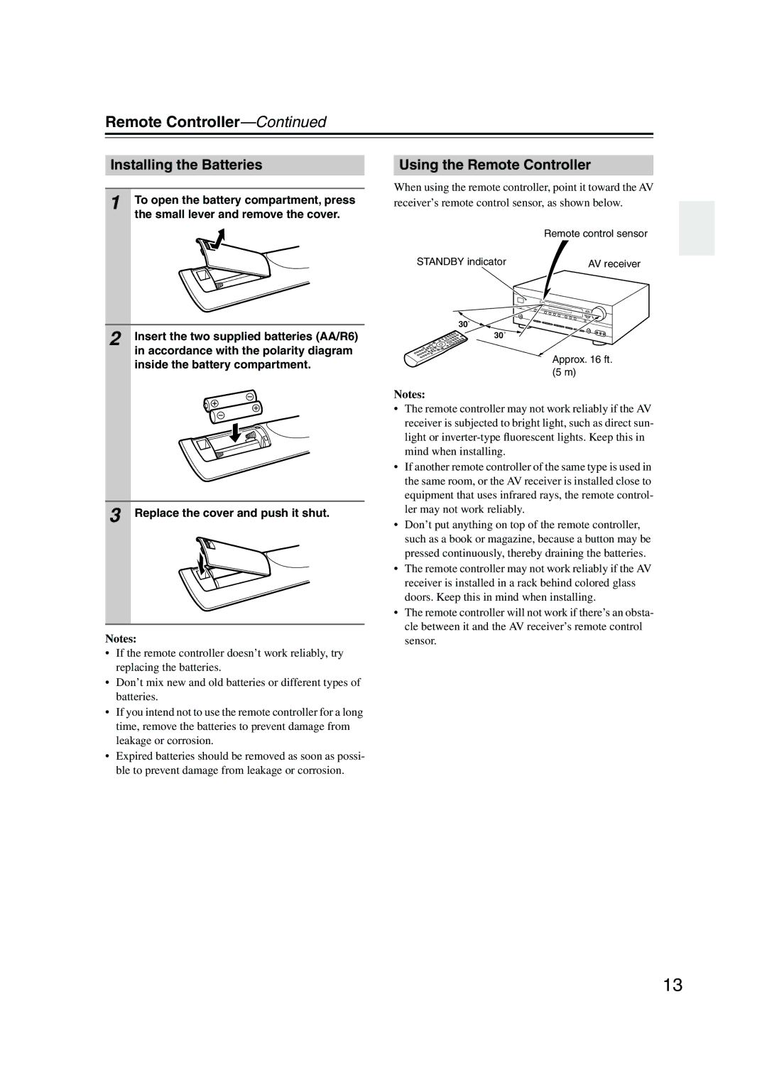 Onkyo TX-SR576, TX-SR506 instruction manual Installing the Batteries, Using the Remote Controller 