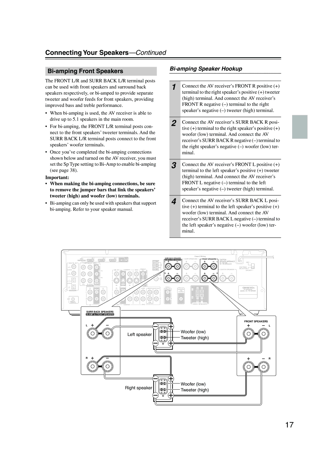 Onkyo TX-SR576, TX-SR506 instruction manual Bi-amping Front Speakers, Bi-amping Speaker Hookup 