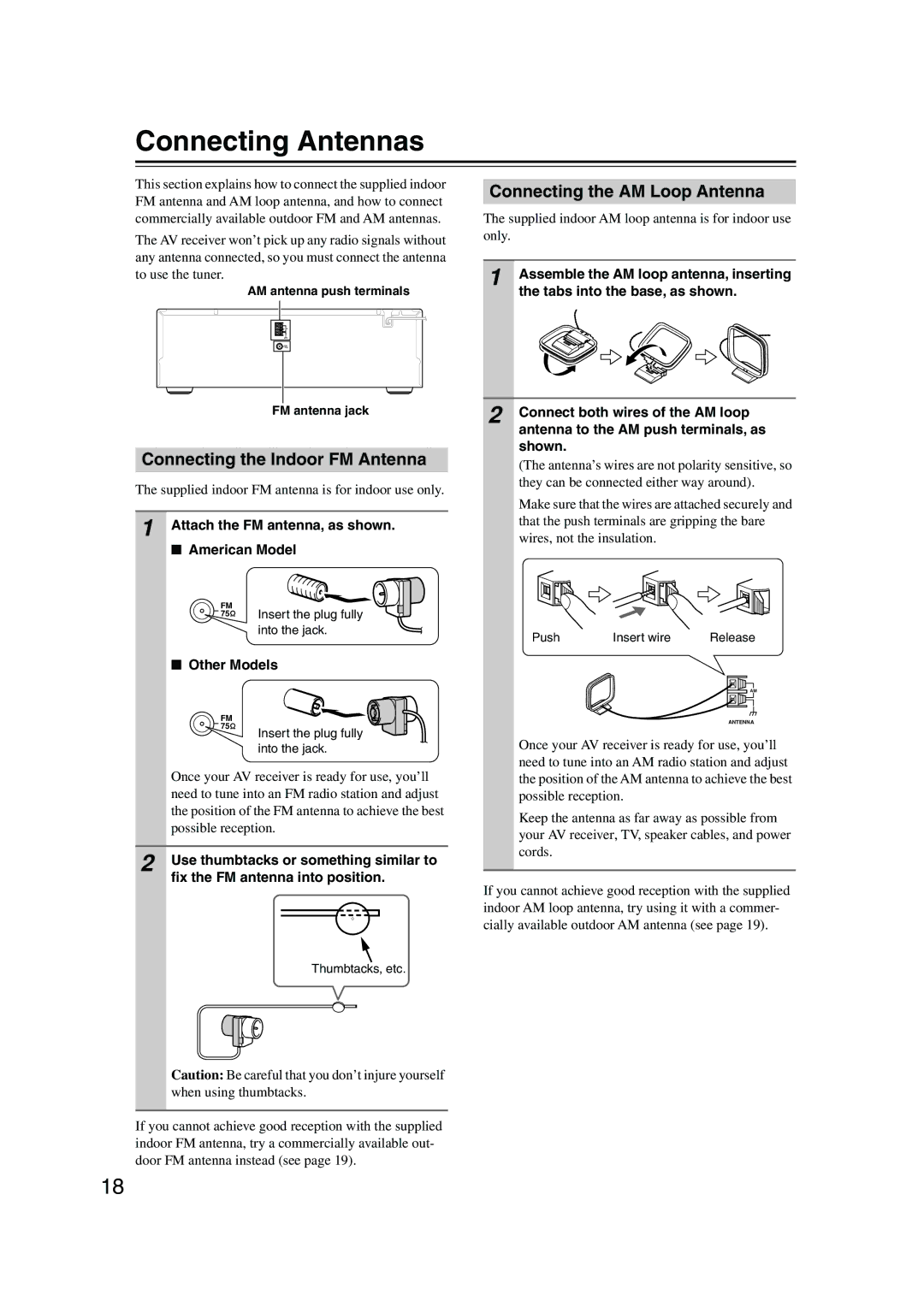 Onkyo TX-SR506 Connecting Antennas, Connecting the AM Loop Antenna, Connecting the Indoor FM Antenna, Other Models 