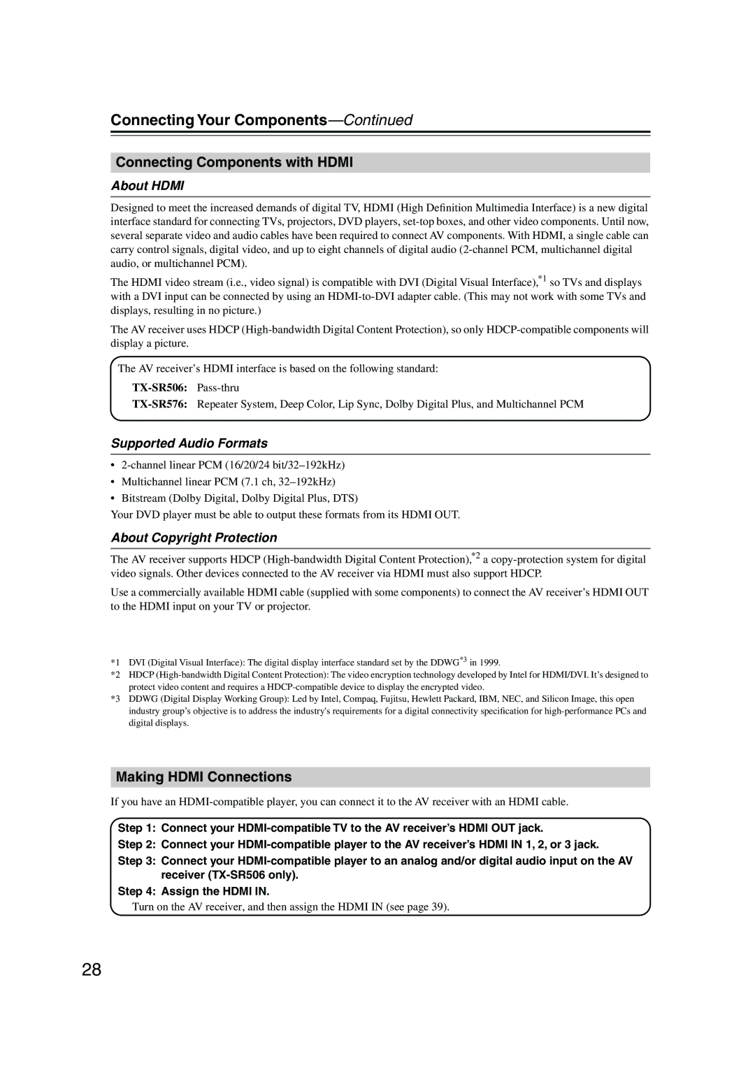 Onkyo TX-SR506, TX-SR576 Connecting Components with Hdmi, Making Hdmi Connections, About Hdmi, Supported Audio Formats 