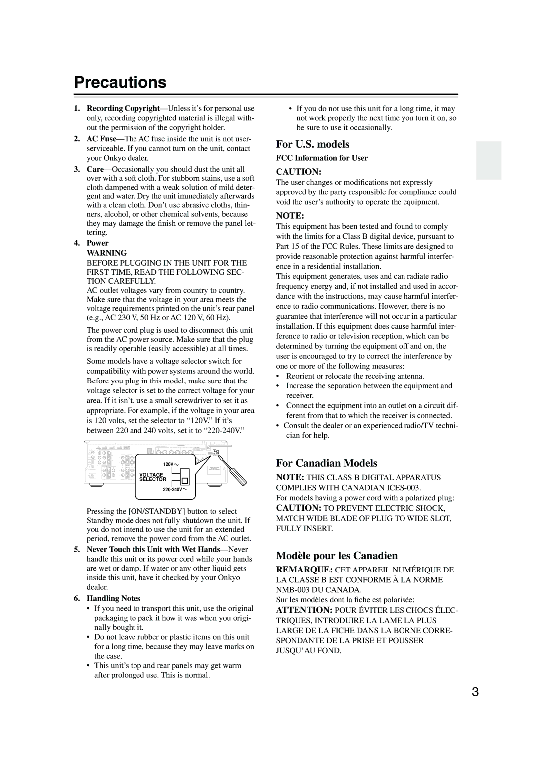 Onkyo TX-SR576, TX-SR506 instruction manual Precautions, Power, Handling Notes, FCC Information for User 