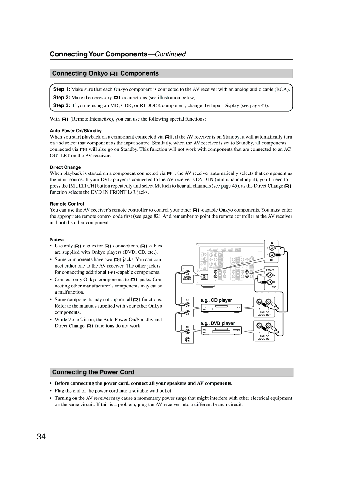 Onkyo TX-SR506 Connecting Onkyo Components, Connecting the Power Cord, Some components may not support all, Direct Change 