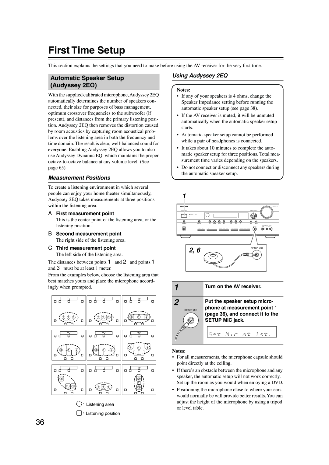 Onkyo TX-SR506, TX-SR576 First Time Setup, Automatic Speaker Setup Audyssey 2EQ, Measurement Positions, Using Audyssey 2EQ 
