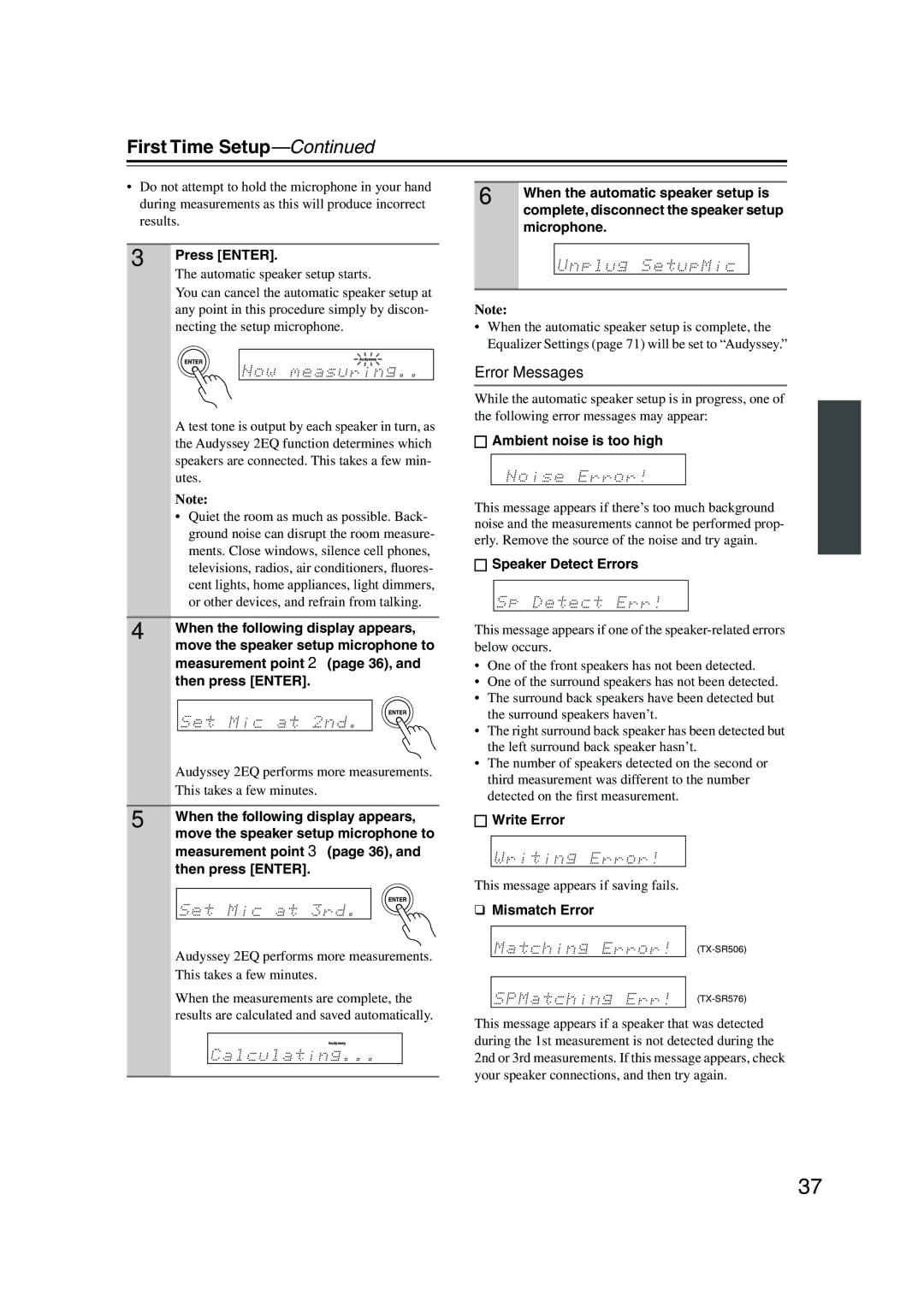 Onkyo TX-SR576, TX-SR506 instruction manual First Time Setup, Error Messages 