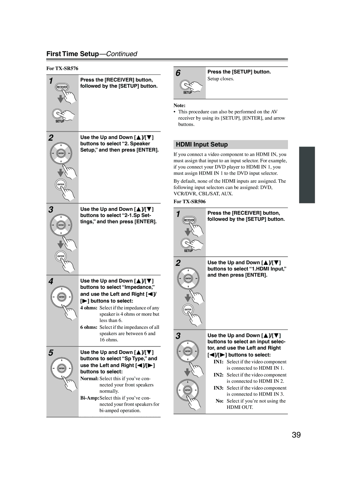 Onkyo TX-SR576, TX-SR506 instruction manual Hdmi Input Setup, Buttons to select 2. Speaker 