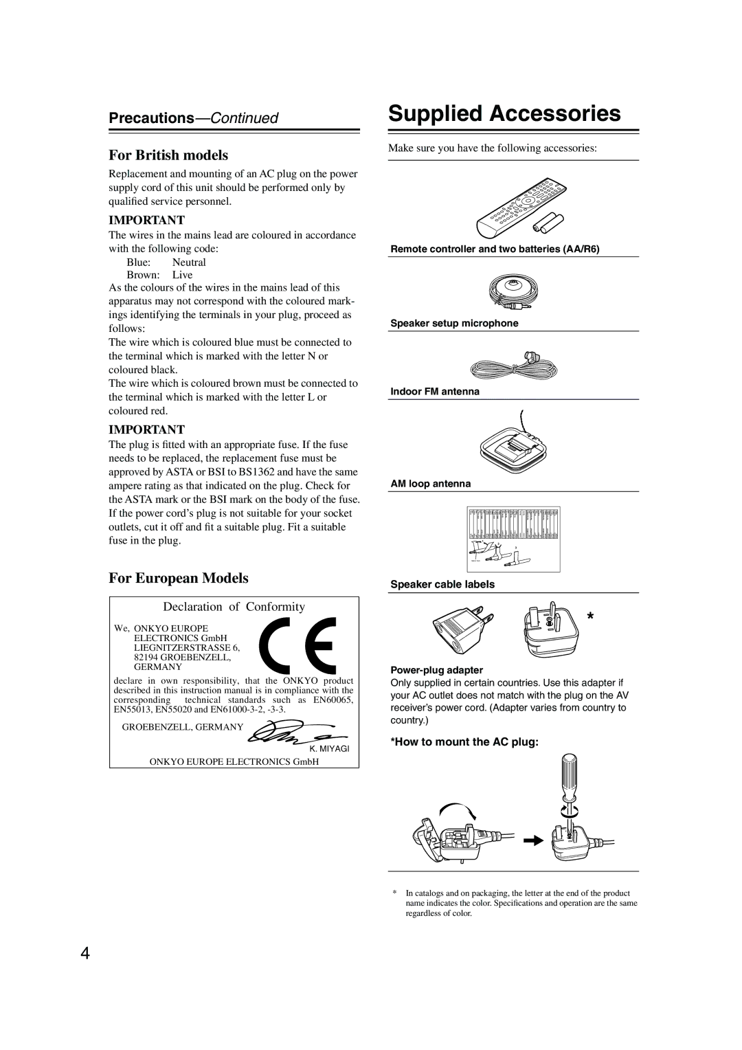 Onkyo TX-SR506 Supplied Accessories, Precautions, Make sure you have the following accessories, How to mount the AC plug 