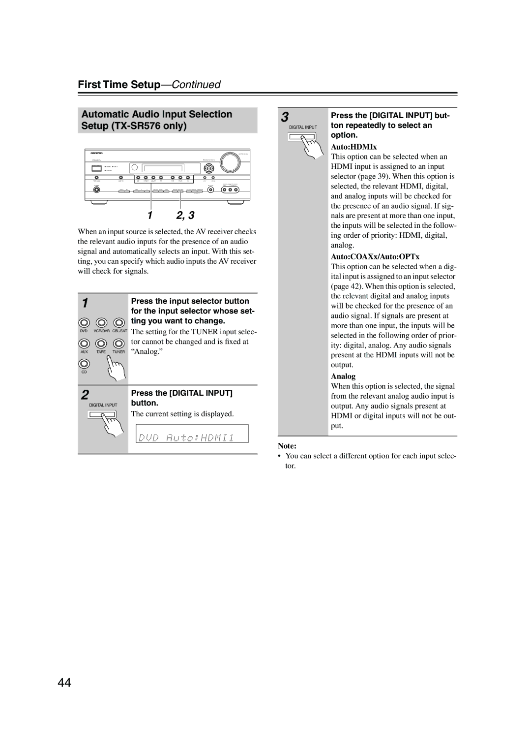 Onkyo TX-SR506 instruction manual Automatic Audio Input Selection Setup TX-SR576 only, For the input selector whose set 