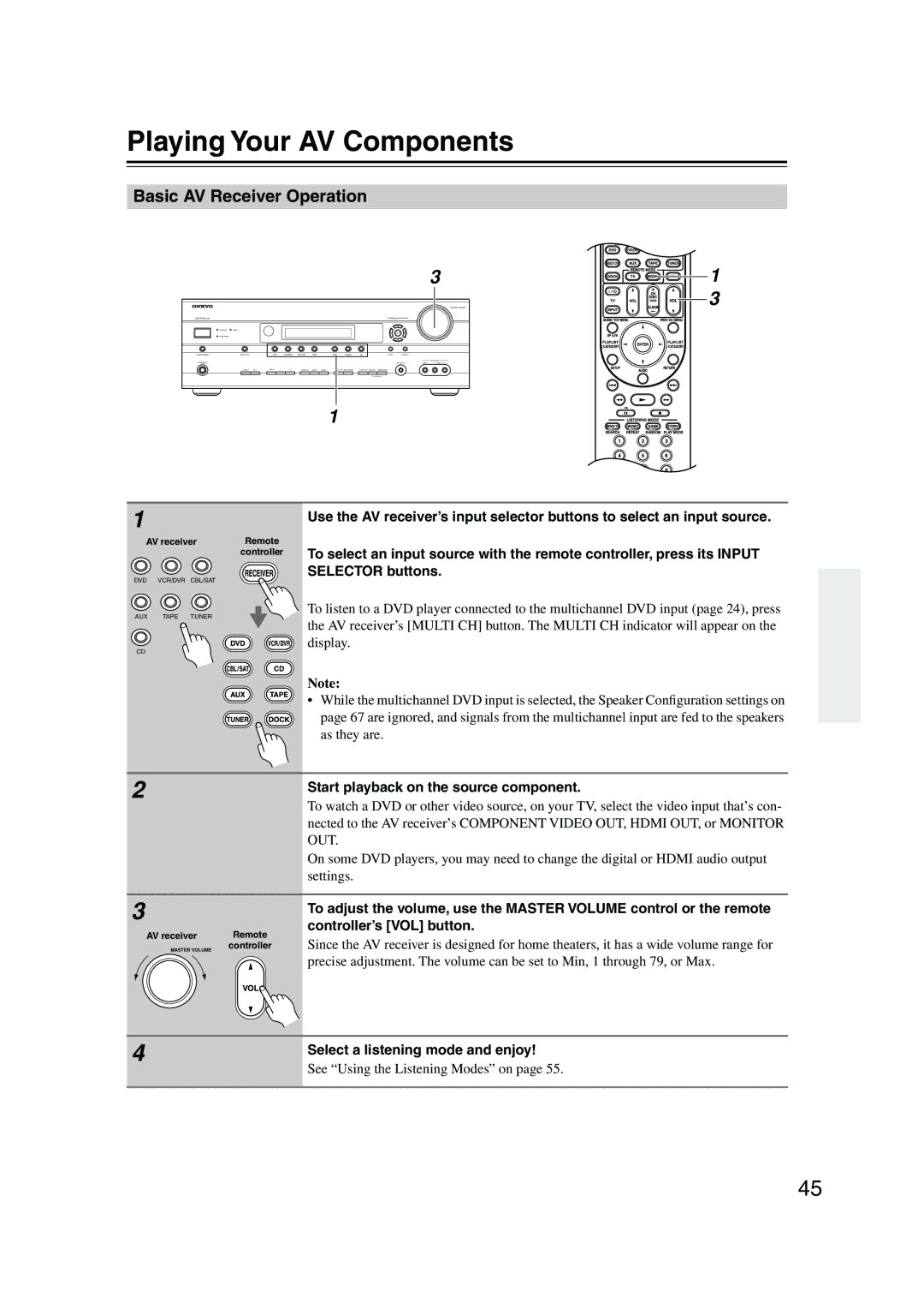 Onkyo TX-SR576, TX-SR506 Playing Your AV Components, Basic AV Receiver Operation, Start playback on the source component 