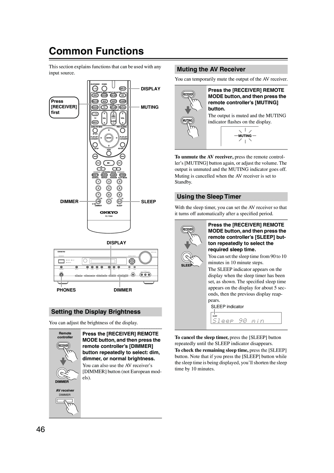 Onkyo TX-SR506, TX-SR576 Common Functions, Setting the Display Brightness, Muting the AV Receiver, Using the Sleep Timer 