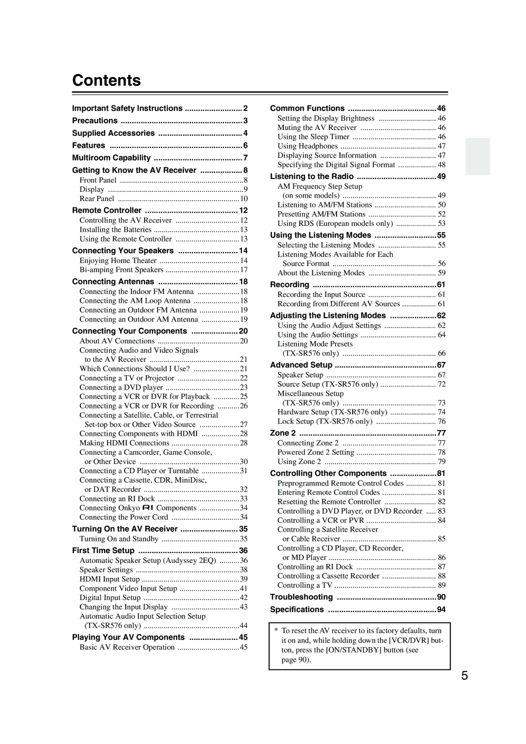 Onkyo TX-SR576, TX-SR506 instruction manual Contents 