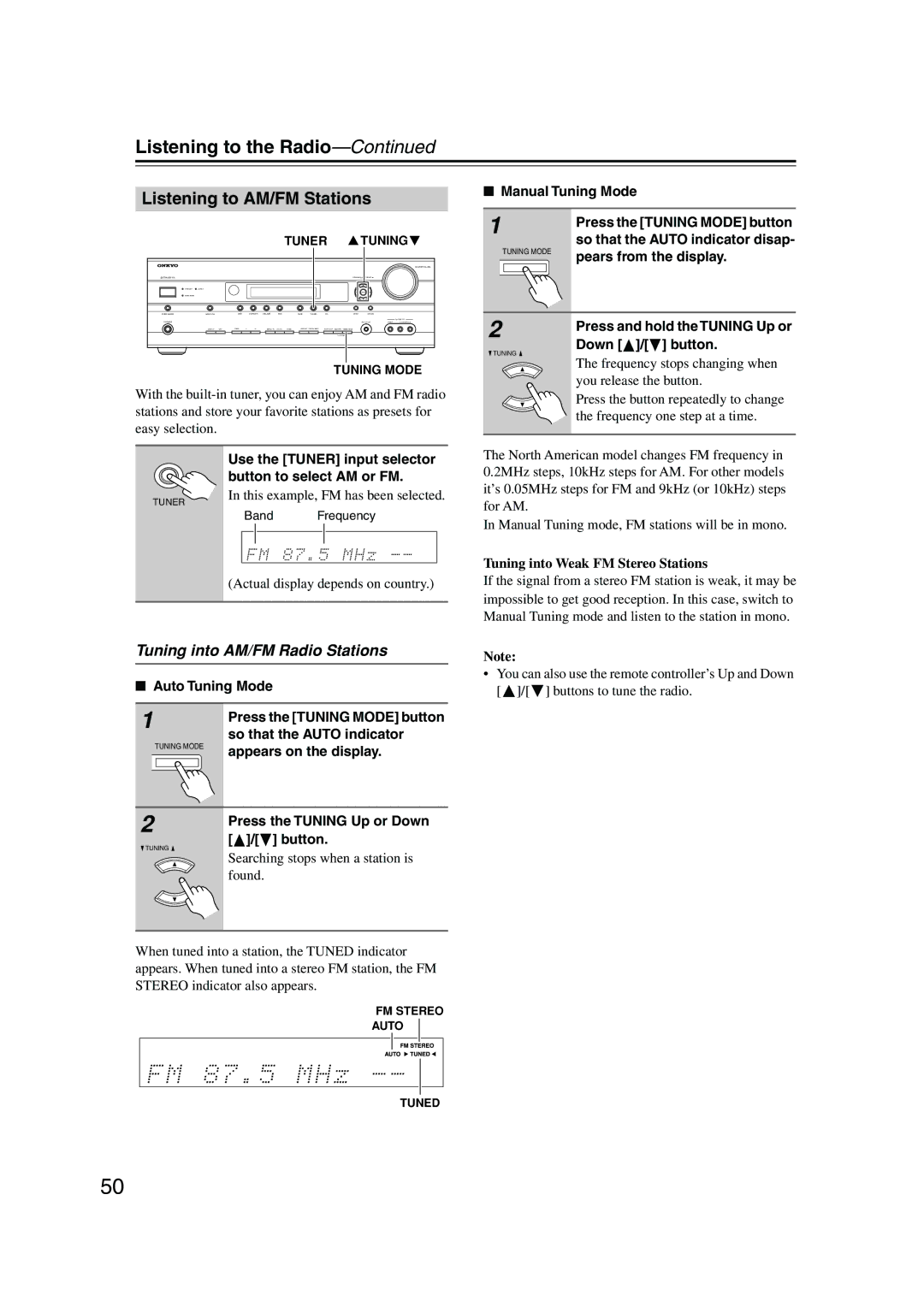 Onkyo TX-SR506, TX-SR576 Listening to the Radio, Listening to AM/FM Stations, Tuning into AM/FM Radio Stations 