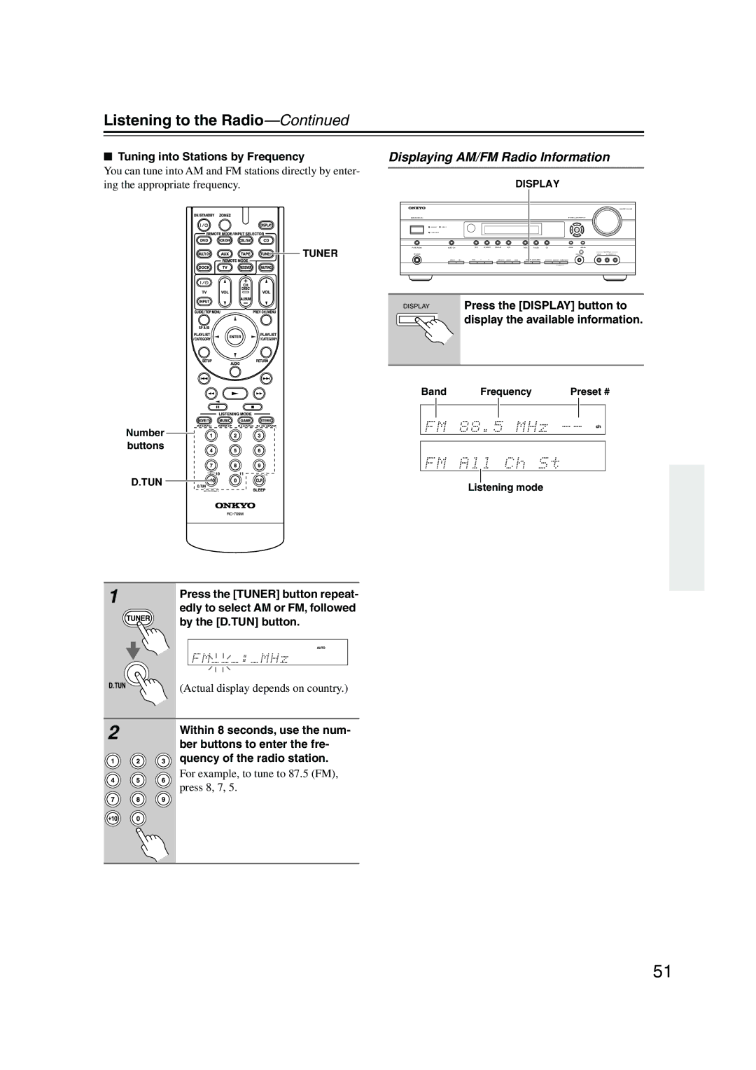 Onkyo TX-SR576 Displaying AM/FM Radio Information, Tuning into Stations by Frequency, Actual display depends on country 